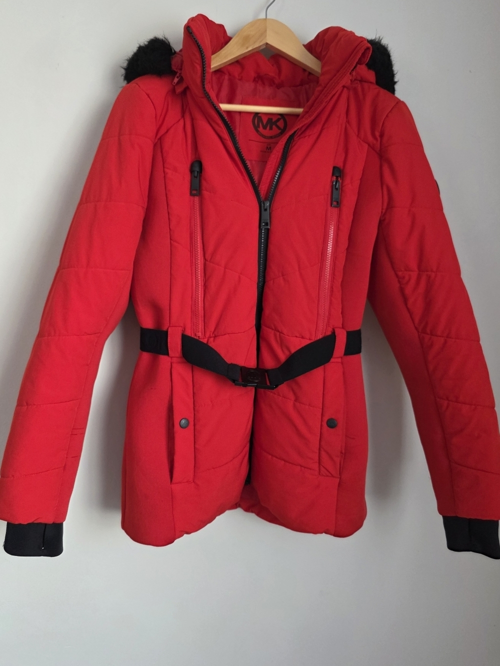 Michael Kors Red Puffer Jacket Belted Hooded M RRP $350 EUC